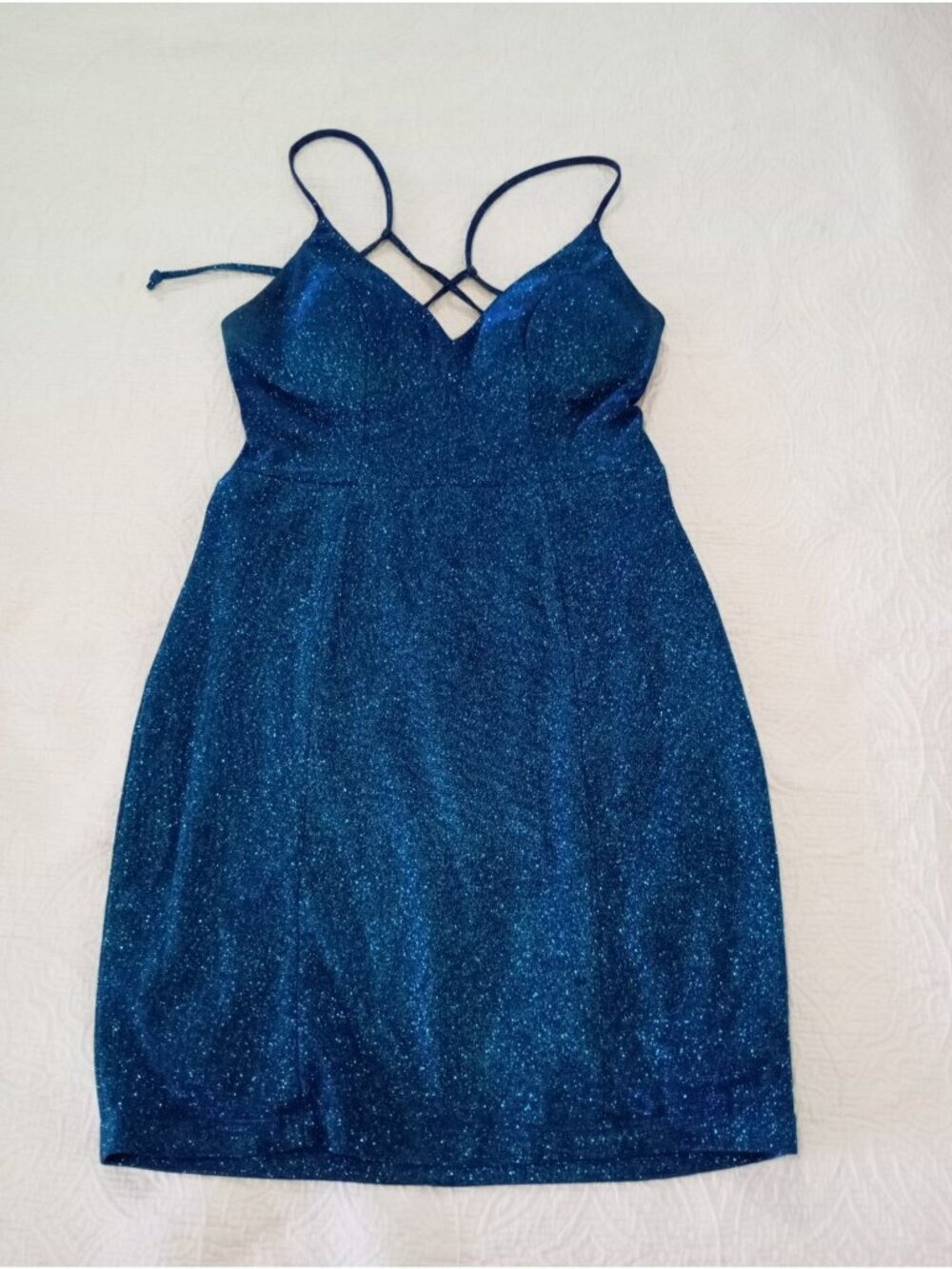 Camille La Vie Blue Glitter Strappy Crisscross Back Mini Dress Size 7 (S) Women